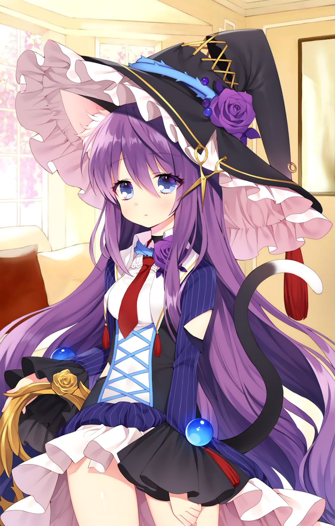 1girl animal_ear_fluff animal_ears black_headwear blue_eyes breasts byulzzimon cat_ears cat_girl cat_tail choker closed_eyes coat cowboy_shot flower frills hair_between_eyes hat holding indoors long_hair long_sleeves looking_at_viewer necktie original purple_hair red_neckwear rose short_necktie skirt small_breasts solo standing striped tail tassel very_long_hair white_skirt wing_collar witch_hat