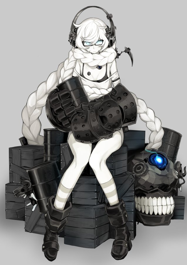 1girl bangs black_footwear blue_eyes boots braid breasts closed_mouth crate drum_(container) full_body gauntlets glasses glowing glowing_eyes grey_background hair_scarf headphones holding kantai_collection kumadano long_hair off_shoulder pale_skin shinkaisei-kan simple_background single_braid sitting socks solo striped striped_legwear supply_depot_hime teeth very_long_hair white_hair white_skin