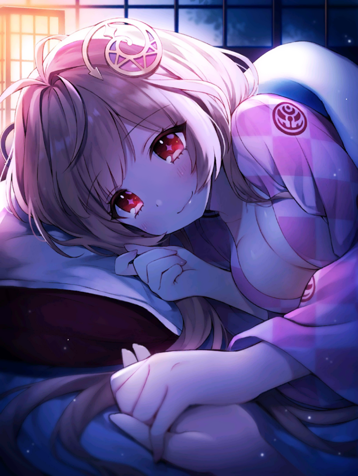 +_+ 1girl antenna_hair backlighting blanket breasts brown_hair byulzzimon checkered cleavage collarbone hair_ornament holding_hands large_breasts long_hair looking_at_viewer lumiere_(shironeko_project) lying on_bed on_side pillow pink_sweater red_eyes shironeko_project solo sweater symbol-shaped_pupils unmoving_pattern