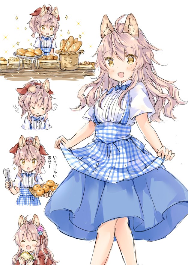 &gt;_&lt; 1girl :d ^_^ ahoge animal_ear_fluff animal_ears baguette bangs blue_flower blue_neckwear blue_skirt blush bow bowtie bread brown_eyes capelet closed_eyes closed_mouth commentary_request dress_shirt employee_uniform eyebrows_visible_through_hair fang flower food gingham_apron hair_between_eyes hair_flower hair_ornament hair_ribbon hair_up high_ponytail holding holding_food holding_tray hood hood_down hooded_capelet kobeya koubeya_uniform long_hair looking_at_viewer open_mouth original pink_flower pink_hair pleated_skirt ponytail red_capelet red_ribbon ribbon sandwich shirt short_sleeves skirt smile sparkle tongs tray uniform v-shaped_eyebrows waitress wataame27 white_shirt wolf-chan_(wataame27) wolf_ears