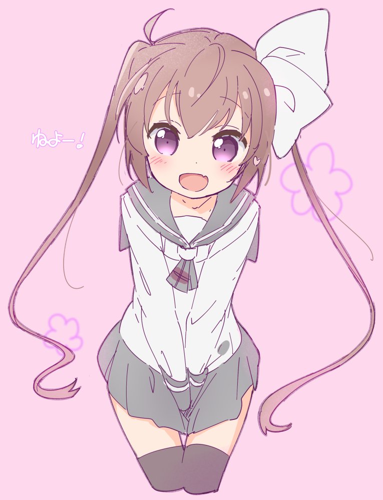 1girl :d bangs between_legs black_legwear blush bow brown_hair cropped_legs eyebrows_visible_through_hair fang floral_background grey_sailor_collar grey_skirt hair_between_eyes hair_bow hand_between_legs jigatei_(omijin) long_hair long_sleeves looking_at_viewer momochi_tamate open_mouth pink_background pleated_skirt purple_eyes sailor_collar shirt skirt slow_start smile solo thighhighs translation_request twintails very_long_hair white_bow white_shirt