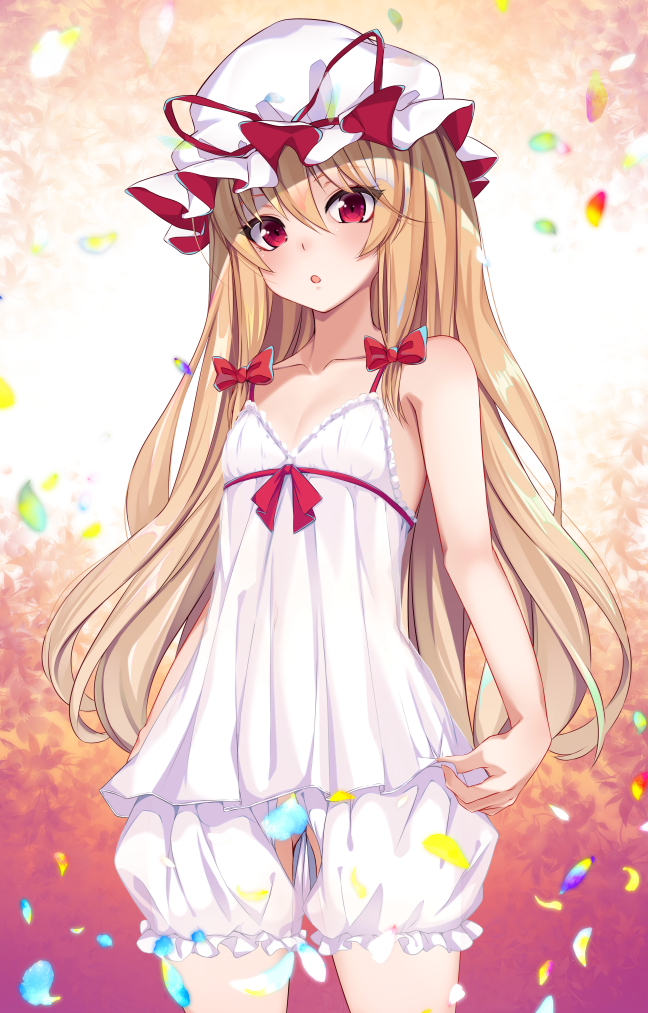 1girl :o alternate_costume alternate_eye_color bangs bare_arms bare_shoulders blonde_hair bloomers blush bow chemise collarbone commentary_request cowboy_shot eyebrows_visible_through_hair flat_chest hair_between_eyes hair_bow hat hat_ribbon lolikari long_hair mob_cap paburisiyasu parted_lips petals red_bow red_eyes red_ribbon ribbon solo spaghetti_strap standing touhou underwear very_long_hair white_bloomers white_headwear yakumo_yukari younger