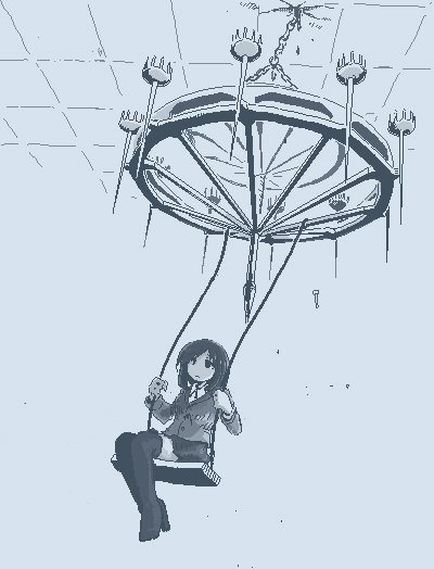 1girl black_eyes black_legwear blue_theme chandelier cracked_ceiling hamsterfragment long_sleeves monochrome no_nose original skirt solo swing thighhighs