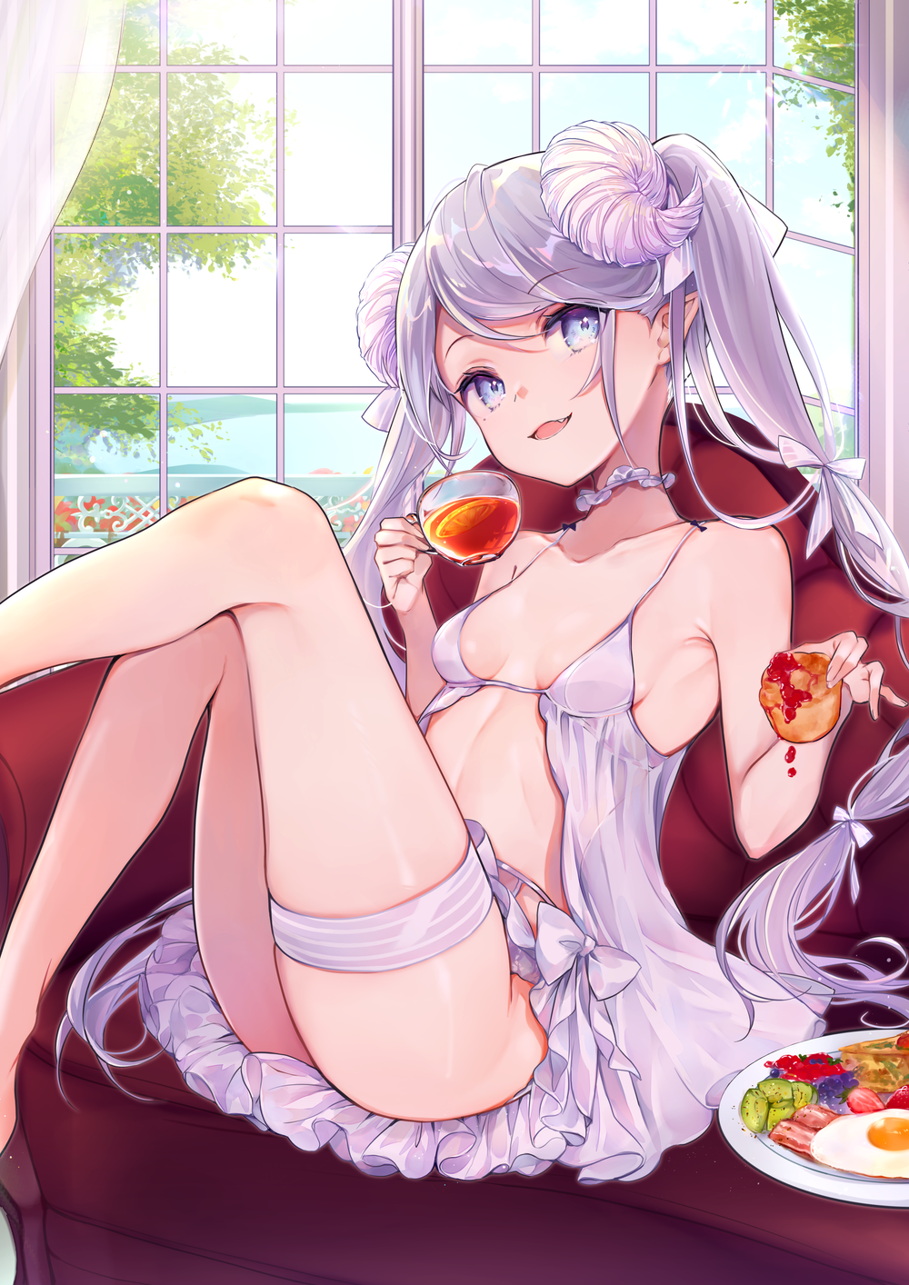 1girl babydoll bacon bangs bow breasts collarbone cup eyebrows_visible_through_hair fang food fried_egg fruit hair_bow hair_ribbon highres holding holding_cup holding_food horns indoors jelly lake long_hair open_mouth orange orange_slice original plate pointy_ears purple_eyes purple_hair ribbon sitting small_breasts smile solo strawberry thigh_strap tree twintails very_long_hair window yuge_(mkmk)