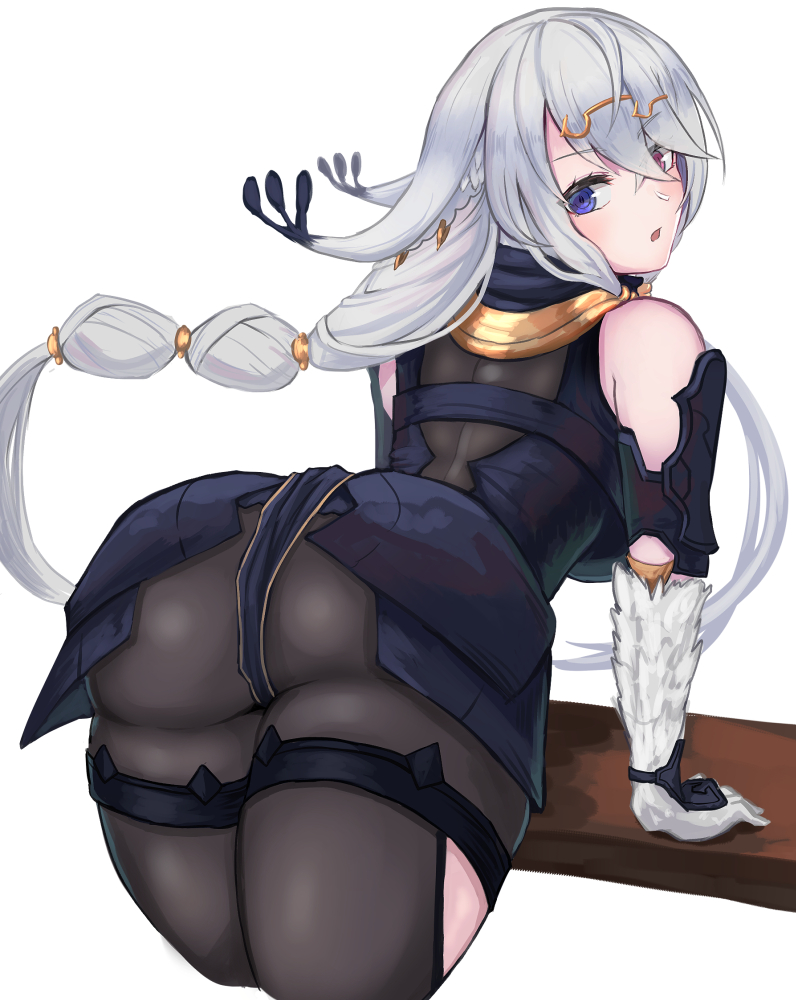 1girl ass atelier_(series) atelier_ryza bangs bare_shoulders bodysuit breasts commentary_request crossed_bangs curvy from_behind furry hair_ornament hairclip heterochromia large_breasts leaning_forward lila_decyrus long_hair looking_back low_tied_hair low_twintails moppo open_mouth pale_skin silver_hair thighs twintails