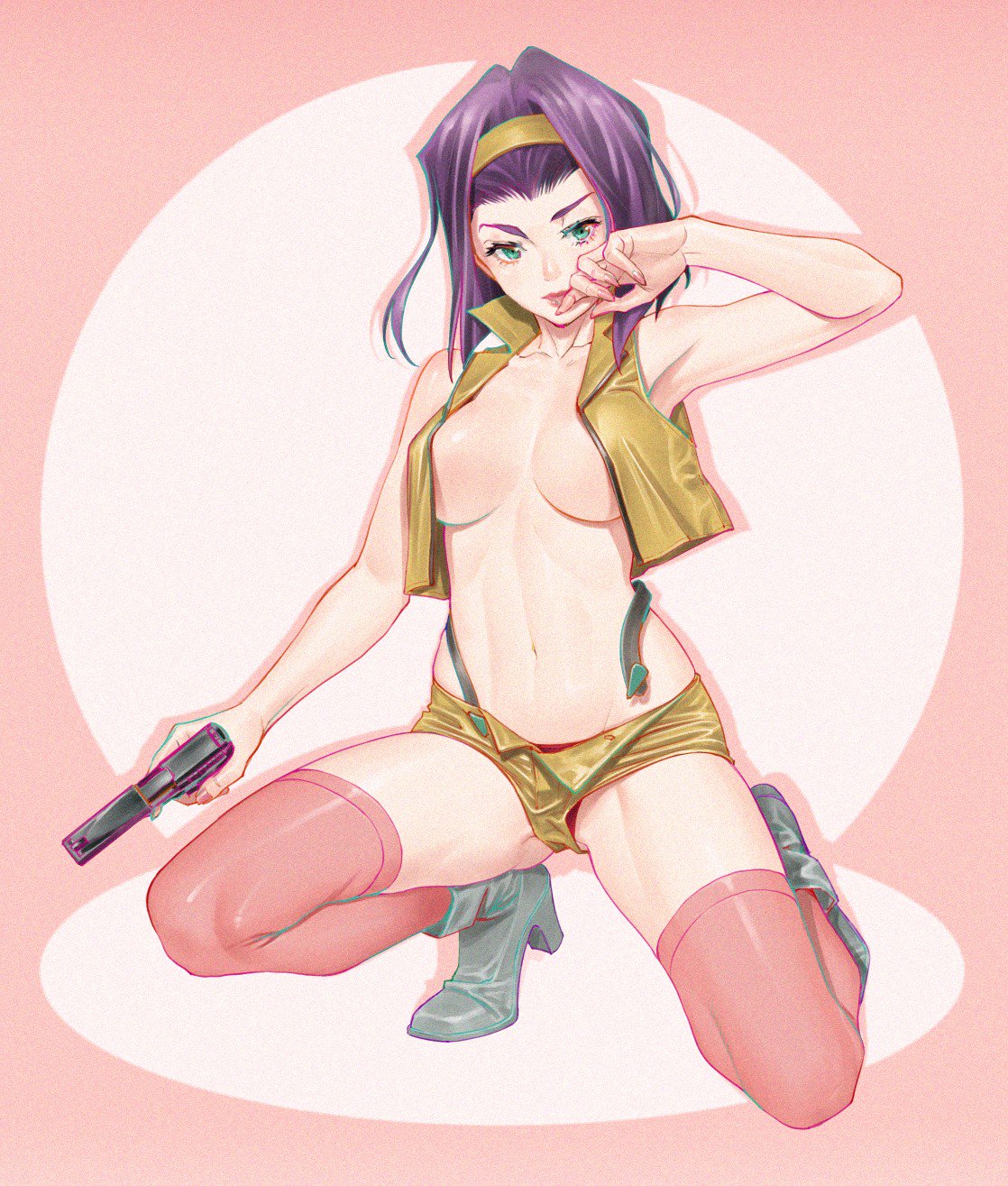 1girl ass_visible_through_thighs bare_shoulders black_footwear black_panties boots breasts breasts_outside closed_mouth collarbone covered_nipples cowboy_bebop crop_top faye_valentine film_grain front-tie_top green_eyes groin gun hair_intakes hairband hand_up handgun highres holding holding_gun holding_weapon komi_shin'ya large_breasts looking_at_viewer medium_breasts navel no_bra open_clothes open_fly panties pink_legwear pistol popped_collar purple_hair short_hair short_shorts shorts sig_sauer sig_sauer_p228 simple_background solo spotlight squatting suspender_shorts suspenders thighhighs underwear weapon white_background yellow_hairband yellow_shorts zipper
