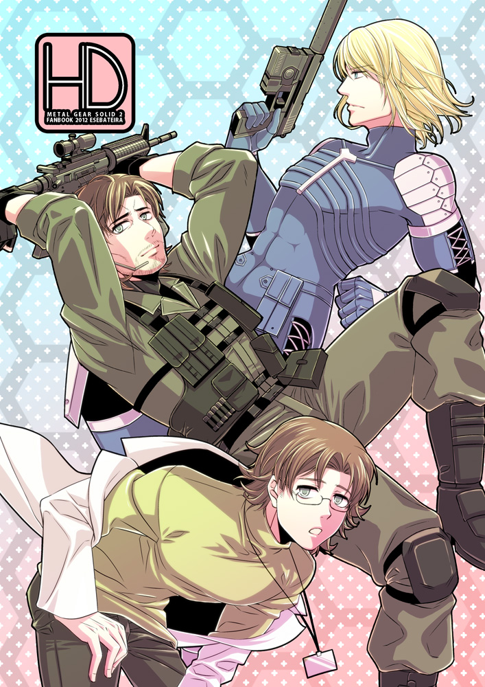 3boys assault_rifle blonde_hair brown_hair closed_mouth glasses green_eyes gun hal_emmerich holding holding_gun holding_weapon long_sleeves looking_at_viewer m4_carbine male_focus metal_gear_(series) metal_gear_solid_2 mk_23_pistol multiple_boys open_clothes open_mouth raiden rifle shibuki_oroshi short_hair sidelocks solid_snake weapon