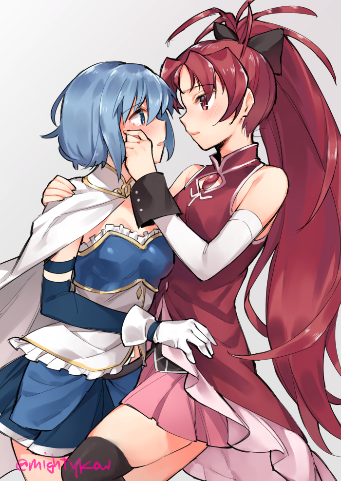 2girls arm_around_shoulder bare_shoulders black_legwear blue_eyes blue_hair blue_skirt blush bow cape collar detached_sleeves eye_contact frilled_shirt frills gebyy-terar gloves hair_bow high_ponytail long_hair looking_at_another magical_girl mahou_shoujo_madoka_magica midriff_peek miki_sayaka multiple_girls pink_skirt pleated_skirt red_eyes red_hair sakura_kyouko shirt short_hair skirt soul_gem strapless_shirt tears thighhighs white_cape white_gloves wiping_tears yuri