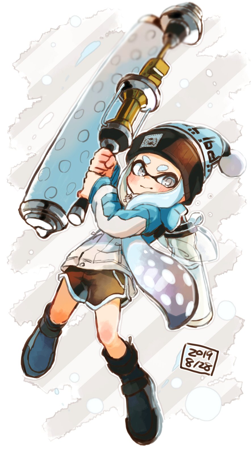 1girl bangs beanie black_footwear black_shorts blue_hair blue_headwear blue_jacket blunt_bangs boots closed_mouth commentary dated domino_mask dynamo_roller_(splatoon) full_body gradient_hair grey_eyes grey_hair gym_shorts harutarou_(orion_3boshi) hat highres holding holding_weapon ink_tank_(splatoon) inkling jacket jumping logo long_hair long_sleeves looking_at_viewer mask multicolored_hair pointy_ears short_shorts shorts smile solo splatoon_(series) splatoon_1 tentacle_hair weapon
