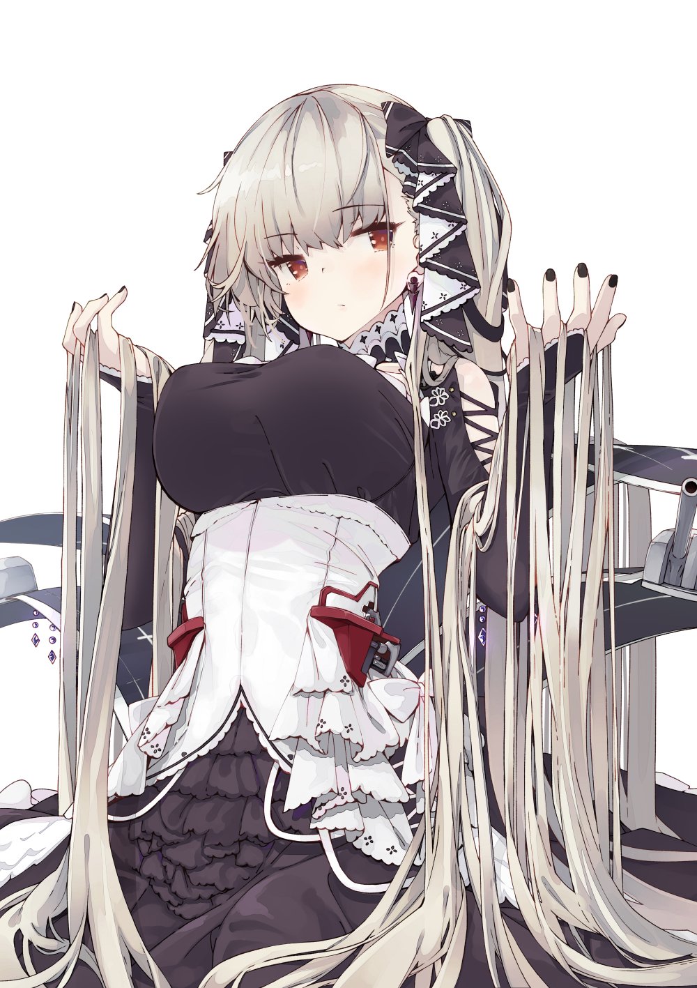 1girl arched_back azur_lane black_dress black_nails breasts bridal_gauntlets bustier closed_mouth commentary_request dangle_earrings dress earrings eyebrows_visible_through_hair formidable_(azur_lane) frills gothic_lolita grey_hair hair_flowing_over hair_ribbon hands_up highres iwasaki_takashi jewelry jpeg_artifacts lace large_breasts lolita_fashion long_hair long_sleeves looking_at_viewer nail_polish perky_breasts red_eyes ribbon rigging simple_background sitting solo taut_clothes turret twintails very_long_hair white_background