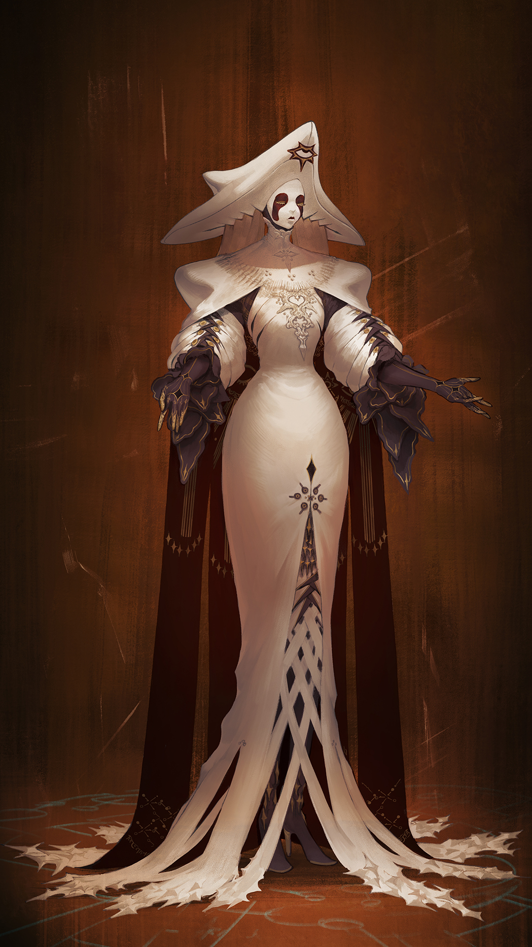 1girl black_gloves cape dress full_body gloves high_heels highres instant_ip long_dress mask original outstretched_arms solo standing white_dress white_headwear wide_sleeves