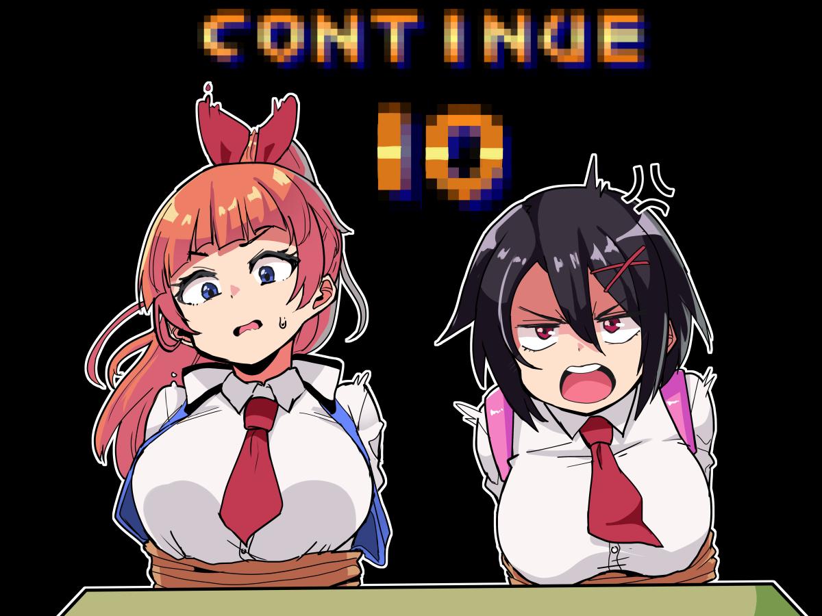 2girls anger_vein bangs black_background black_hair blue_eyes blunt_bangs bound breasts collared_shirt continue final_fight game_over hair_between_eyes hair_ribbon high_ponytail justeeeeth kunio-kun_series kyoko_(kunio-kun) large_breasts long_hair misako_(kunio-kun) multiple_girls necktie open_mouth orange_hair red_eyes ribbon river_city_girls rope shirt short_hair teeth tied_up