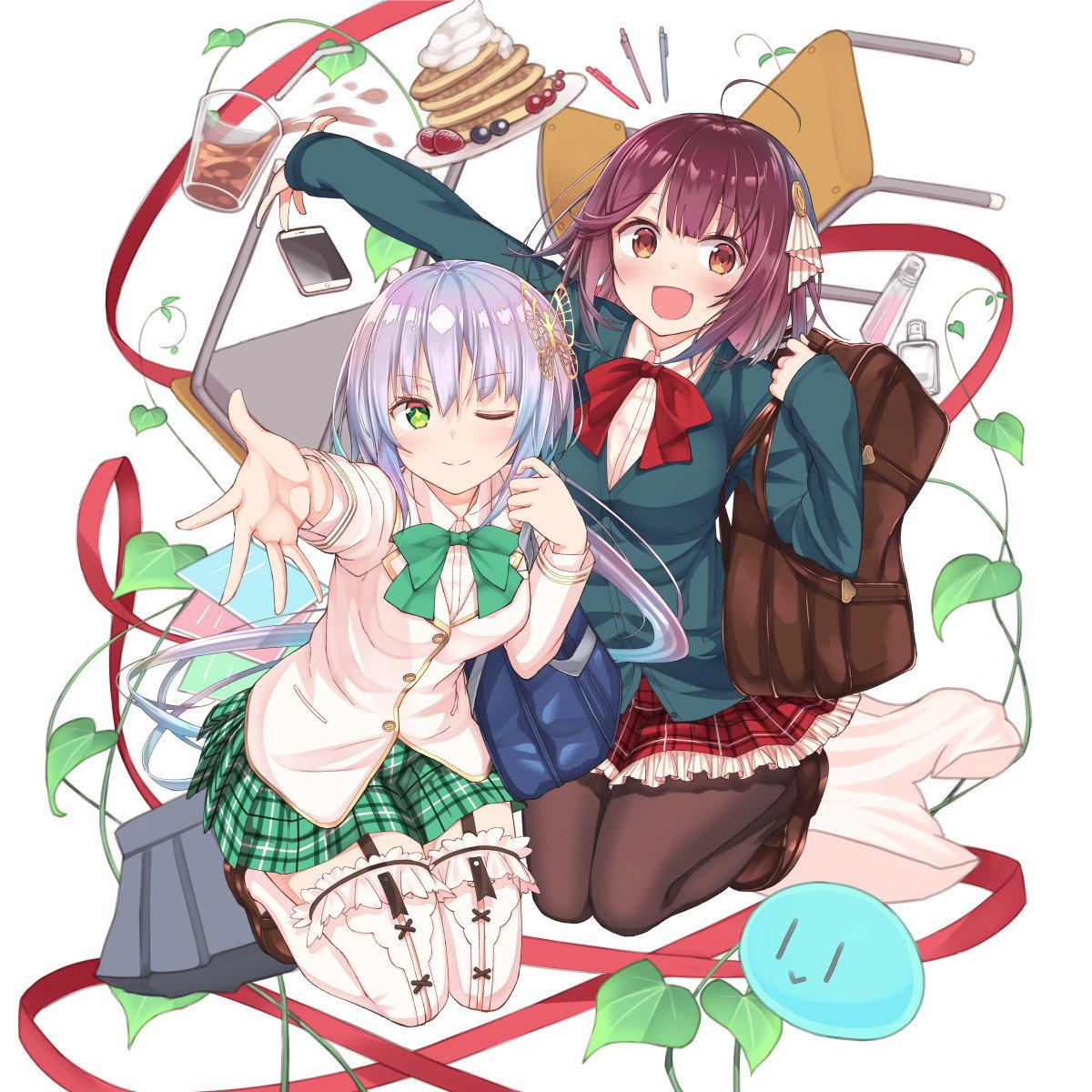 2girls ahoge atelier_(series) atelier_sophie bag black_legwear blueberry bow breasts brown_eyes brown_hair butterfly_hair_ornament cellphone chair chihaya_72 cup diamond-shaped_pupils drinking_glass duffel_bag food fruit garter_straps green_bow green_eyes green_skirt grey_hair hair_ornament highres large_breasts long_hair looking_at_viewer medium_breasts multiple_girls one_eye_closed pancake pantyhose phone plachta plaid plaid_skirt plate red_bow red_skirt short_hair skirt smartphone sophie_neuenmuller strawberry symbol-shaped_pupils thighhighs twintails white_legwear