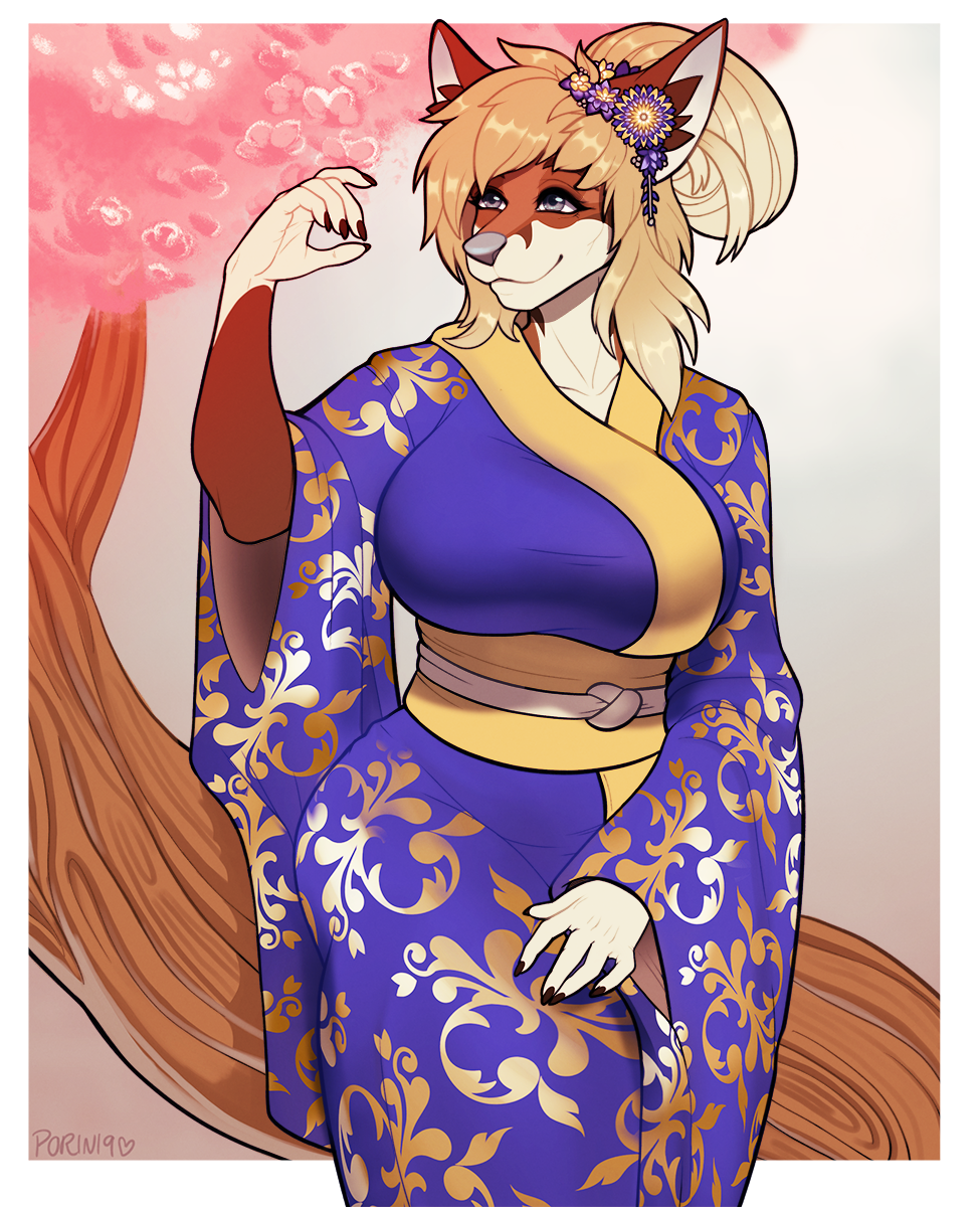 2019 5_fingers accessory alpha_channel asian_clothing big_breasts blonde_hair breasts canid canine clothed clothing east_asian_clothing female fingers flower flower_in_hair fox grey_eyes hair hair_accessory hi_res japanese_clothing kimono mammal plant porin ryoko_(earthymuffin) smile solo
