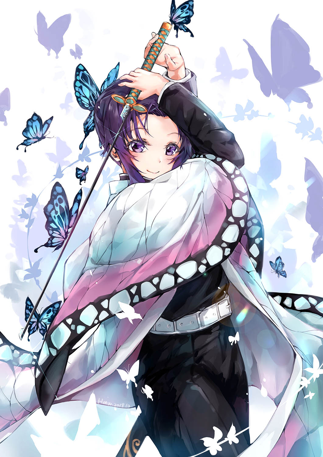 1girl belt belt_buckle black_jacket black_pants blue_butterfly buckle bug butterfly butterfly_hair_ornament closed_mouth cowboy_shot hair_ornament haori highres hmw_(pixiv7054584) holding holding_sword holding_weapon insect jacket japanese_clothes katana kimetsu_no_yaiba kochou_shinobu long_sleeves looking_at_viewer pants purple_eyes purple_hair short_hair smile solo standing sword weapon white_background white_belt