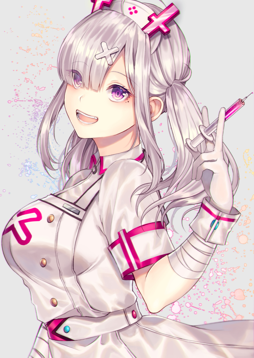 1girl :d bandaged_arm bandages blush breasts cross eyebrows_visible_through_hair eyes_visible_through_hair from_side gloves grey_background hair_ornament hair_over_one_eye hat highres holding holding_syringe large_breasts long_hair looking_at_viewer looking_to_the_side me_meel mole mole_under_eye nijisanji nurse nurse_cap open_mouth purple_eyes short_sleeves silver_hair smile solo sukoya_kana syringe teeth twintails upper_body virtual_youtuber white_gloves wing_collar x_hair_ornament