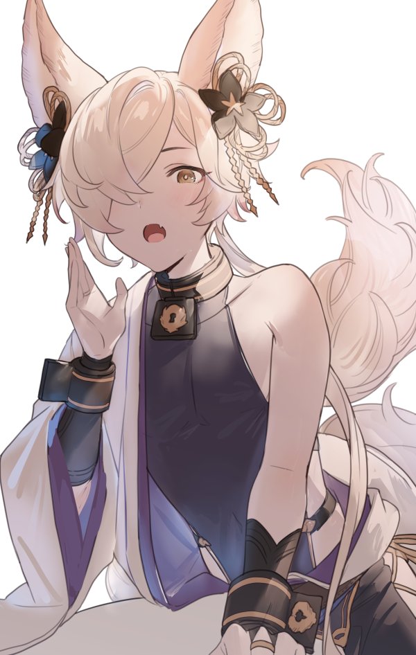 animal_ears backless_outfit blonde_hair brown_eyes erune fang fox_boy fox_ears fox_tail granblue_fantasy hair_ornament hair_over_one_eye kou_(granblue_fantasy) large_tail looking_at_viewer male_focus open_mouth sideless_outfit tail yuuhi_homare