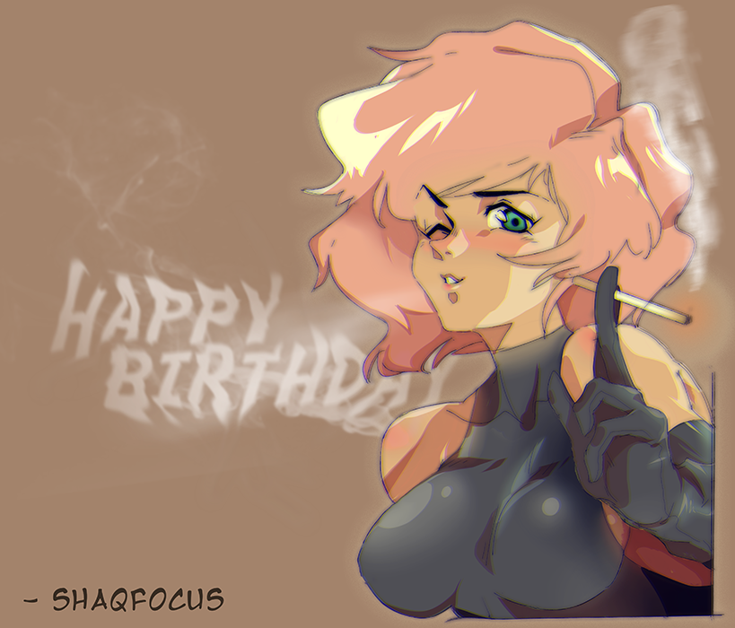 1girl 90s artist_name black_gloves black_leotard blue_eyes blush breasts brown_background cigarette elbow_gloves eyebrows gloves happy_birthday impossible_clothes impossible_leotard leotard looking_at_viewer medium_breasts nose_blush one_eye_closed pi_(space_maria) pink_hair shaqfocus sideboob skin_tight smoking solo space_maria
