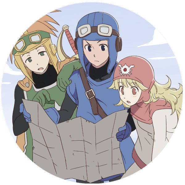 1girl 2boys blonde_hair breasts closed_mouth curly_hair dragon_quest dragon_quest_ii dress gloves goggles goggles_on_head hat hood hyakuen_raitaa long_hair long_sleeves multiple_boys open_mouth prince_of_lorasia prince_of_samantoria princess_of_moonbrook red_eyes spiked_hair sword weapon