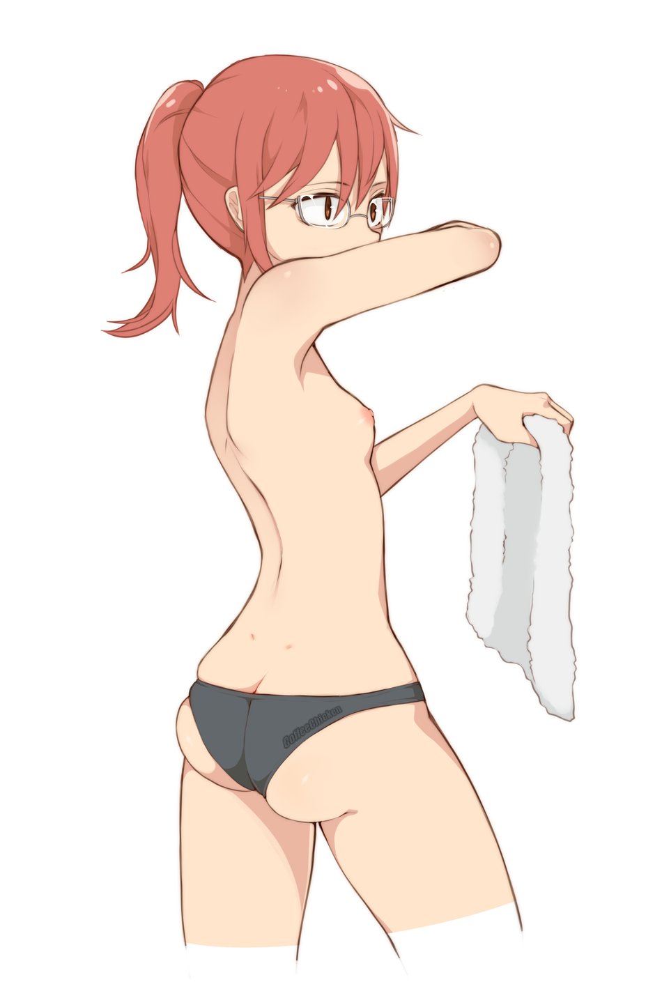 1girl armpit_peek ass black_panties blush breasts brown_eyes brown_hair butt_crack coffeechicken eyebrows_visible_through_hair glasses hidden_mouth highres kobayashi-san_chi_no_maidragon kobayashi_(maidragon) looking_away nipples panties ponytail shiny shiny_hair shiny_skin short_hair short_ponytail shoulder_blades simple_background small_breasts solo standing topless towel underwear underwear_only white_background