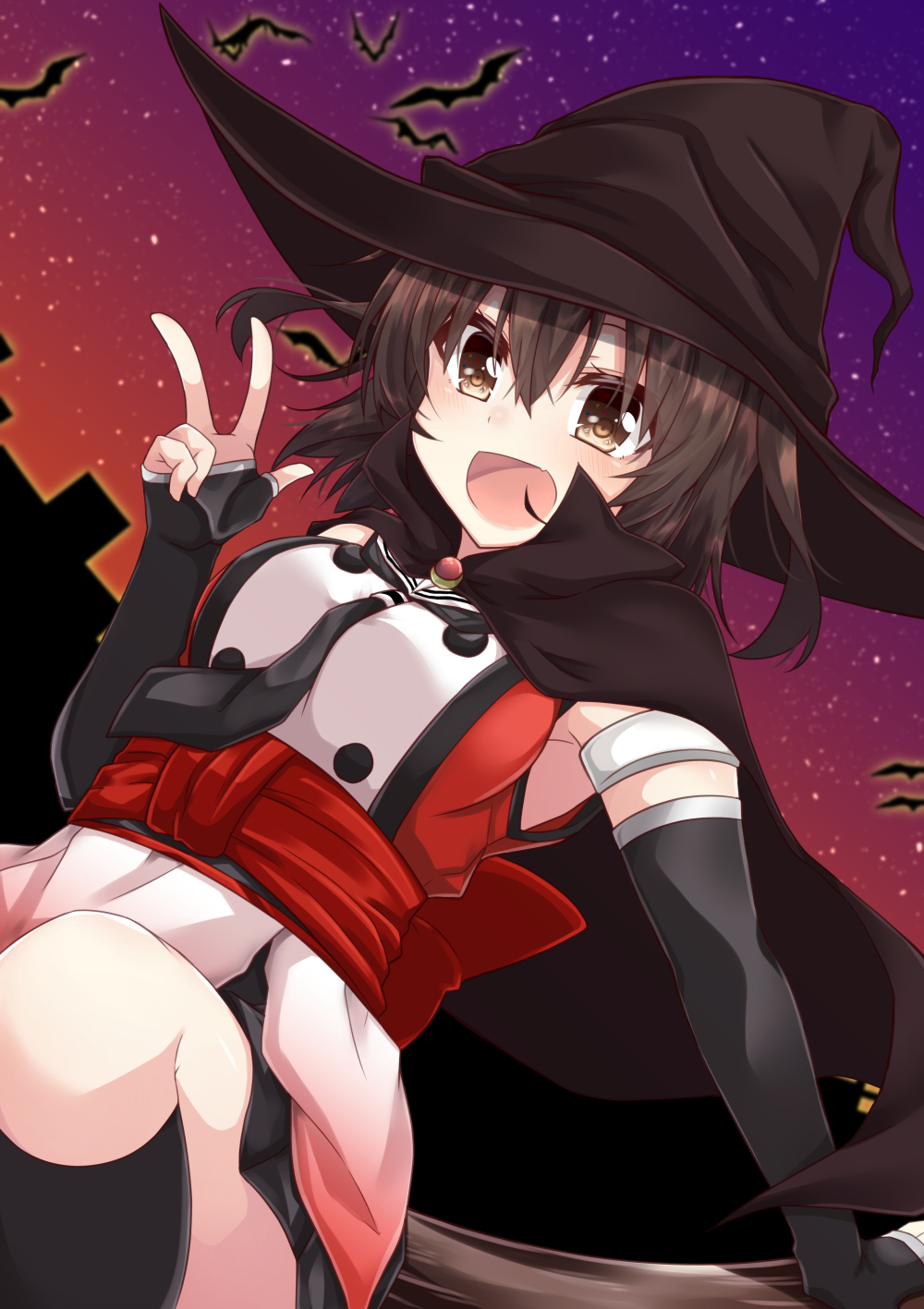 1girl :d armlet back_bow bat between_breasts black_cape black_gloves black_legwear black_neckwear black_skirt blush bow breasts brown_eyes brown_headwear cape double-breasted elbow_gloves fang gloves gradient_sky halloween hat highres izumo_ayuka kantai_collection kneehighs looking_at_viewer medium_breasts miniskirt neckerchief open_mouth red_bow remodel_(kantai_collection) sash sendai_(kantai_collection) short_hair skin_fang skirt sky smile solo star_(sky) starry_sky two_side_up v witch_hat