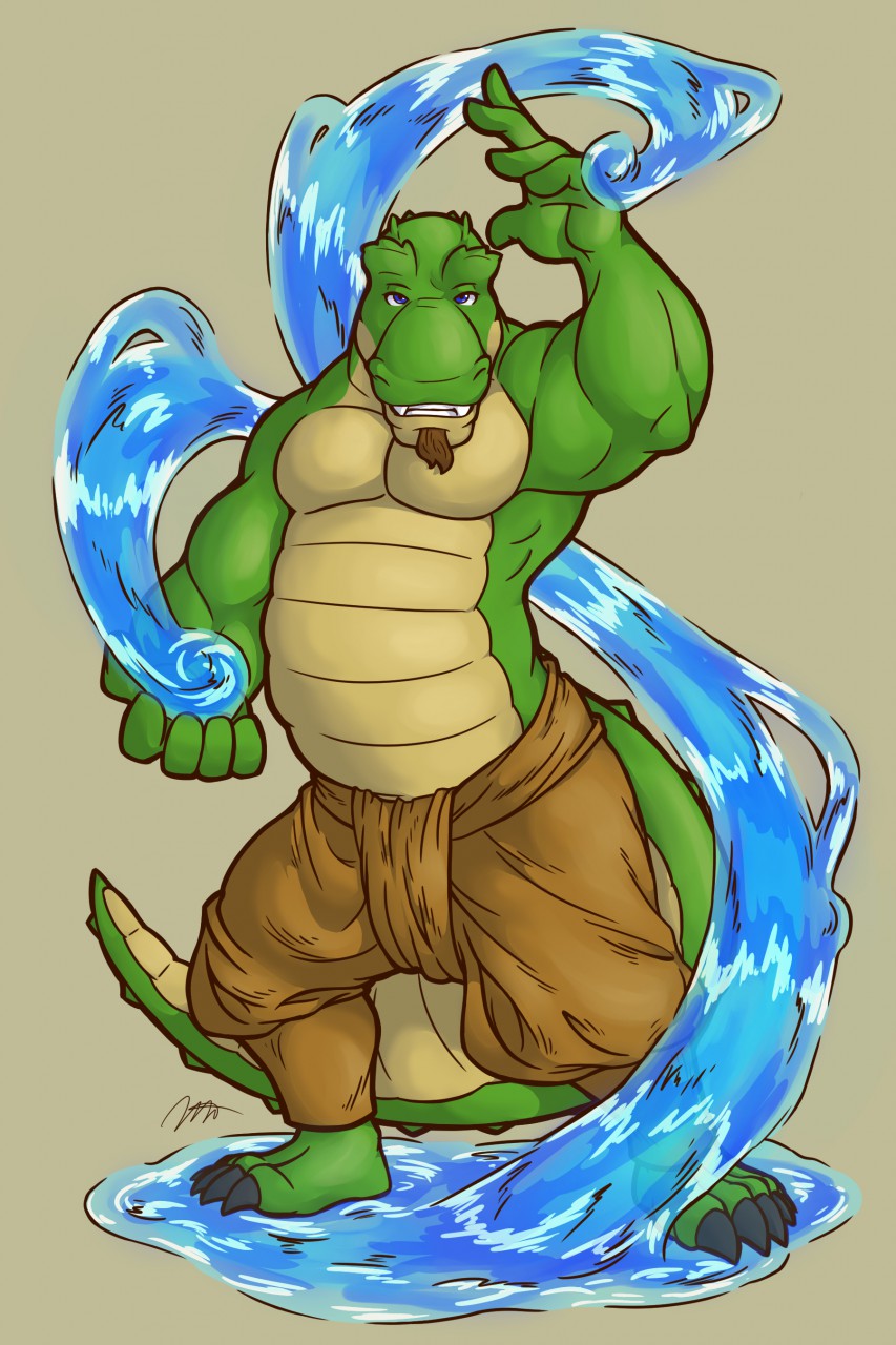 anthro briarsthorne clothed clothing crocodilian elemental_manipulation epsiloh facial_hair goatee hi_res looking_at_viewer male reptile scalie solo topless water water_manipulation