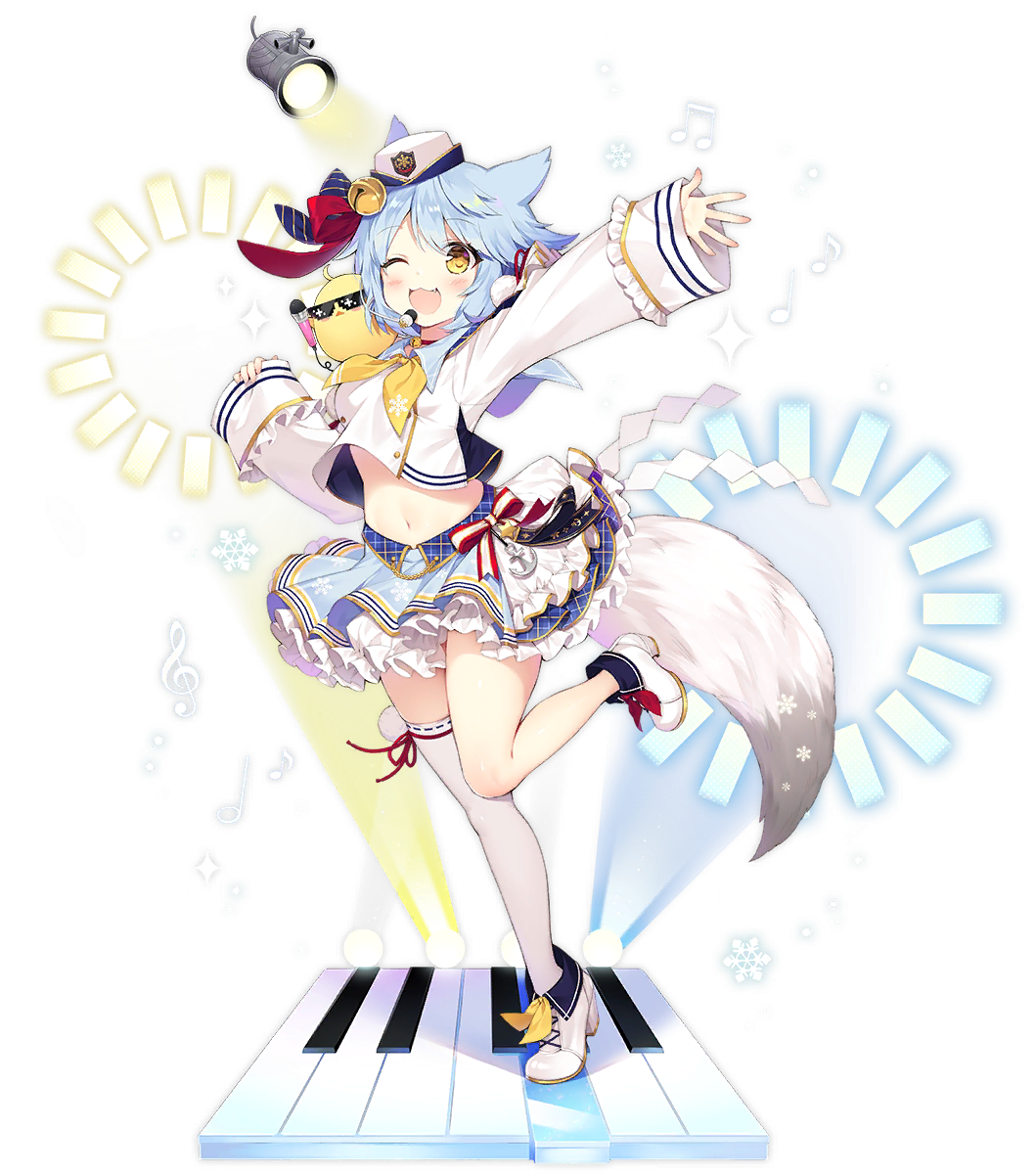 1girl ;d azur_lane bird blue_hair byulzzimon chick crop_top crop_top_overhang fang fox_tail fubuki_(azur_lane) fubuki_(snow_storm!)_(azur_lane) full_body hand_up hat highres idol layered_skirt leg_up long_sleeves looking_at_viewer manjuu_(azur_lane) midriff miniskirt navel neckerchief official_art one_eye_closed open_mouth outstretched_arm sailor_hat shide shirt shoes short_hair single_thighhigh skirt smile solo spotlight standing standing_on_one_leg sunglasses tail thighhighs transparent_background white_headwear white_legwear white_shirt yellow_eyes