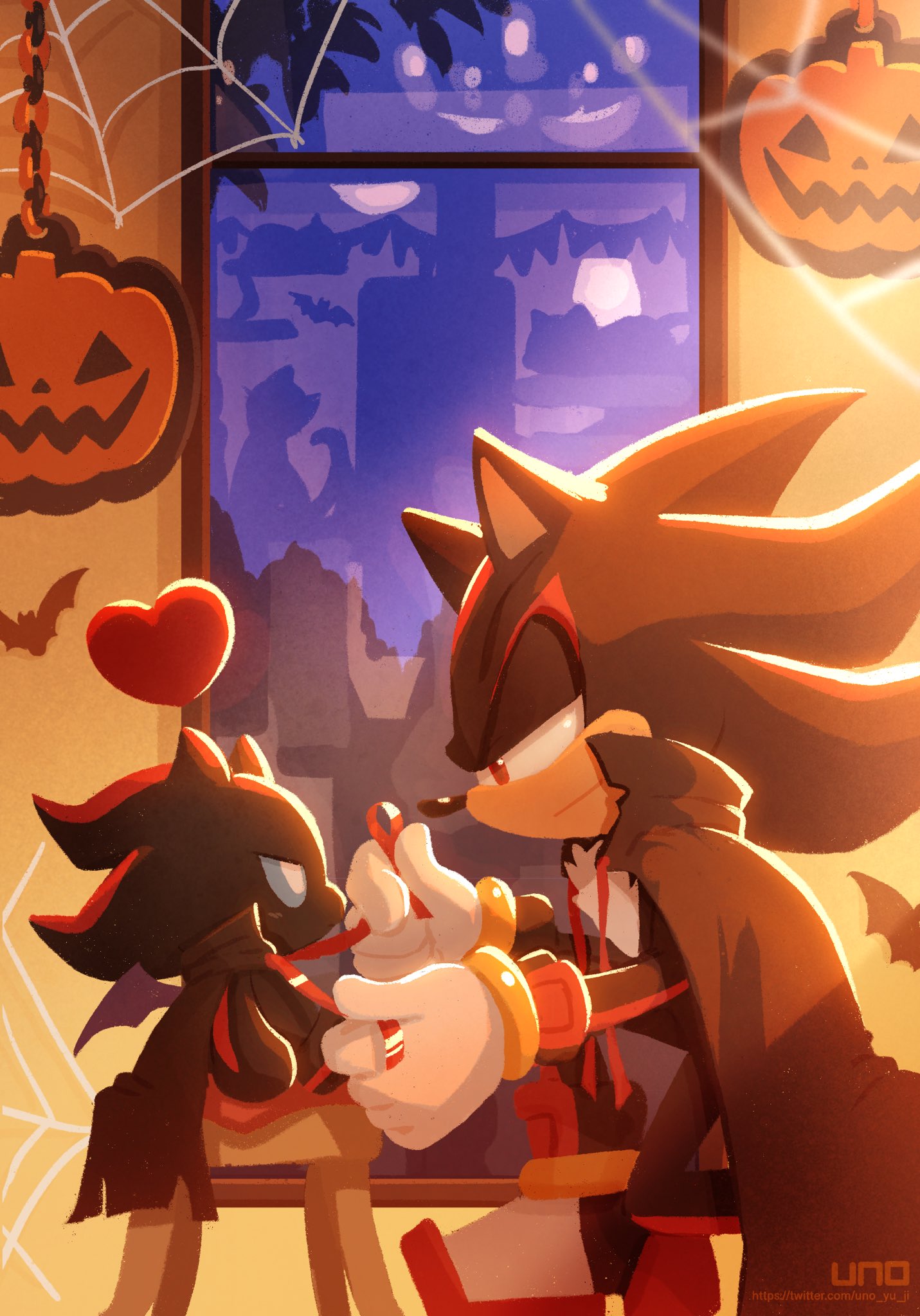 &lt;3 2019 ambiguous_gender anthro cape chao_(sonic) character_chao clothing duo eulipotyphlan eye_contact footwear gloves halloween handwear hedgehog hi_res holidays looking_at_another male mammal shadow_chao shadow_the_hedgehog signature sonic_(series) text uno_yuuji url video_games window
