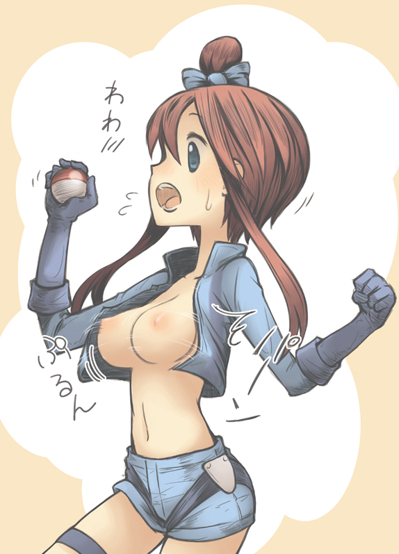 areolae bad_id bad_pixiv_id blue_eyes bow breasts clenched_hand elbow_gloves fuuro_(pokemon) gloves gym_leader hair_bow holding holding_poke_ball long_hair medium_breasts motofumi navel open_clothes open_mouth poke_ball pokemon pokemon_(game) pokemon_bw red_hair short_shorts shorts solo sweatdrop thigh_strap wardrobe_malfunction
