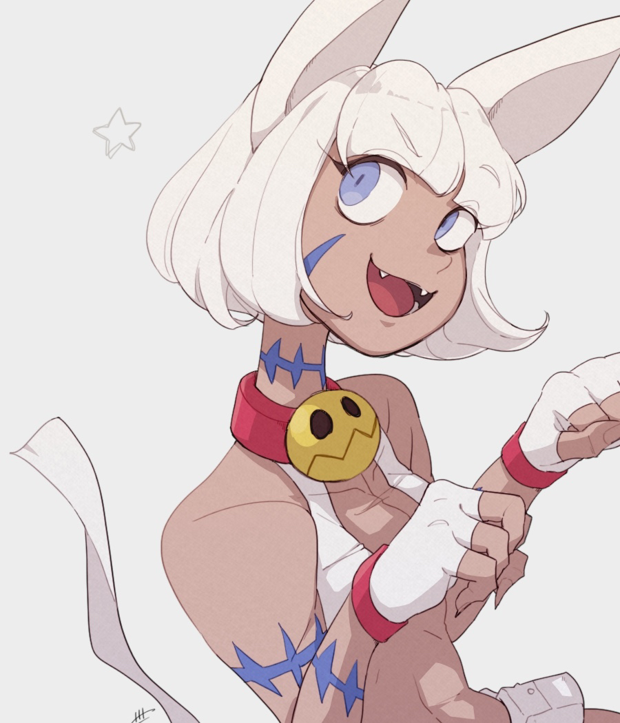 2019 alternate_color alternate_costume animal_humanoid belt_pouch blue_eyes cat_humanoid clothing collar collarbone fangs felid felid_humanoid feline feline_humanoid female gloves grey_background hair handwear humanoid mammal mammal_humanoid nadia_fortune open_mouth scar simple_background skullgirls solo video_games white_clothing white_gloves white_hair