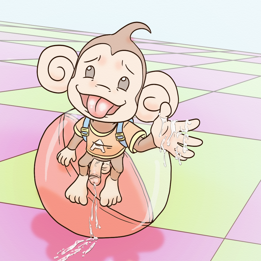 aiai anthro balls bodily_fluids clothed clothing cum digital_media_(artwork) erection genital_fluids haplorhine lavilovi male mammal monkey open_mouth penis primate sega smile solo super_monkey_ball tongue video_games