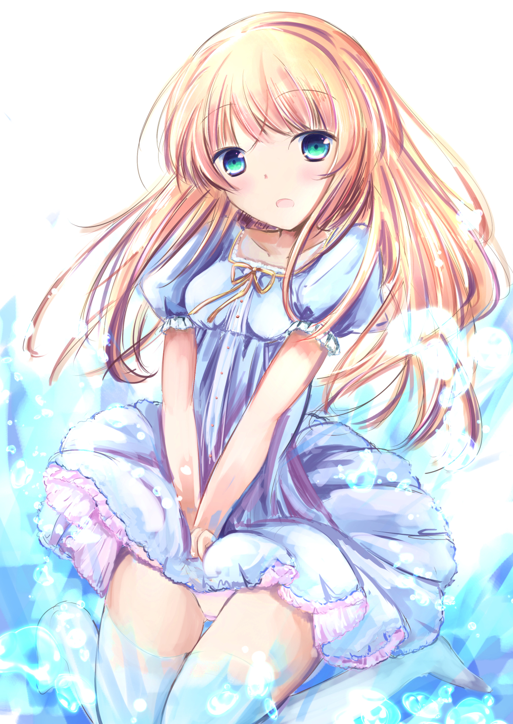 1girl bangs blonde_hair blue_dress blush breasts collarbone commentary_request covering covering_crotch dress eyebrows_visible_through_hair green_eyes highres long_hair neck_ribbon open_mouth original panties pink_panties puffy_short_sleeves puffy_sleeves ribbon shihou_haru short_sleeves small_breasts solo thighhighs underwear very_long_hair white_legwear yellow_ribbon