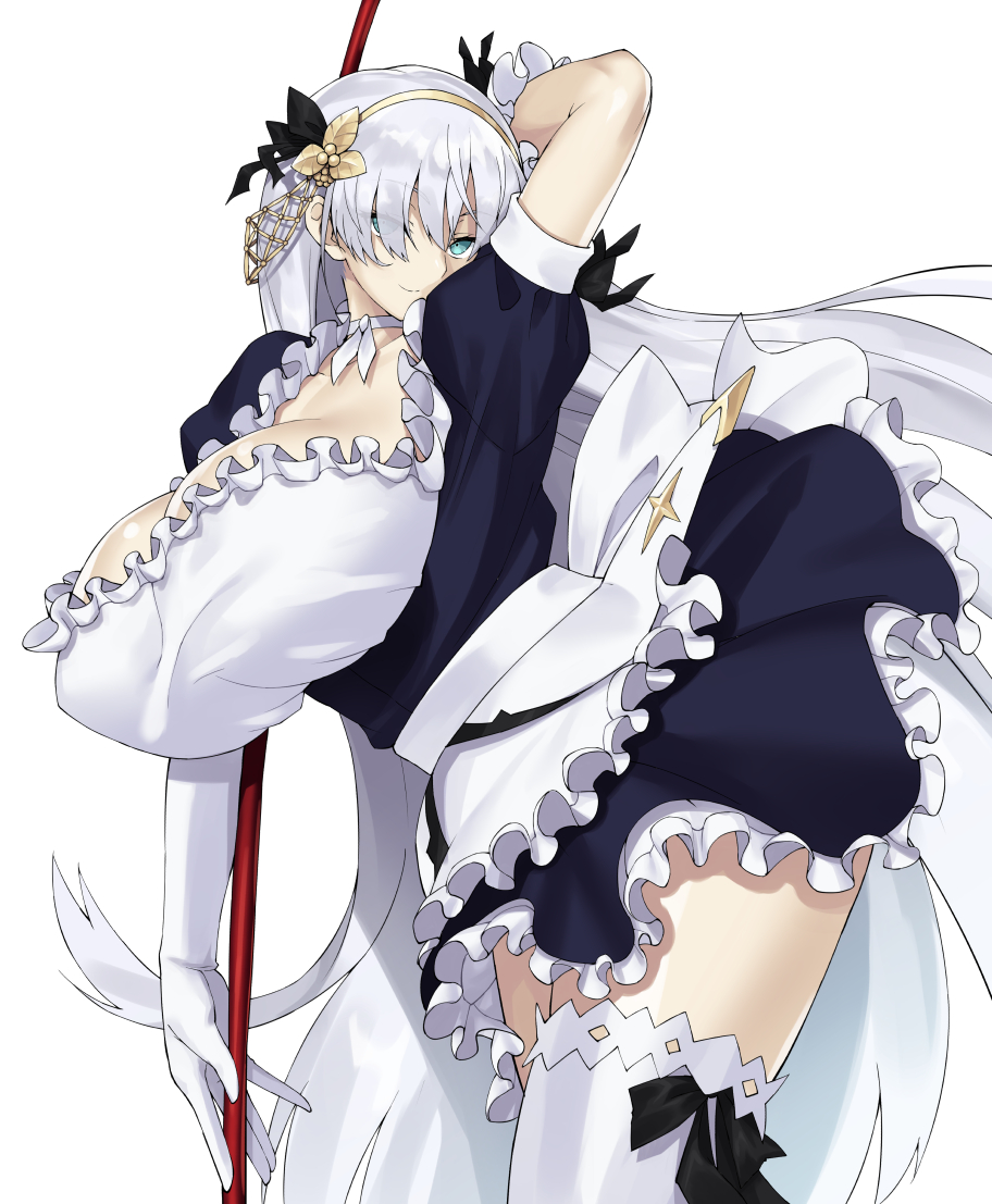 1girl anastasia_(fate/grand_order) apron blue_eyes bnc_(bunshi) breasts broom choker fate/grand_order fate_(series) hairband huge_breasts long_hair maid maid_apron silver_hair smile thighhighs very_long_hair white_background