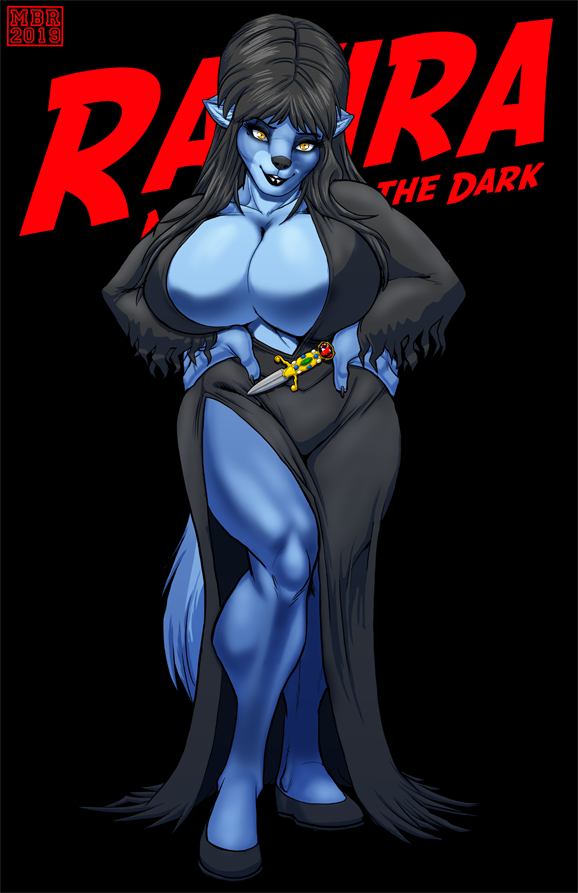 2019 anthro big_breasts black_background black_hair blue_body blue_fur breasts canid canine canis cleavage clothed clothing cosplay curvy_figure dress elvira elvira:_mistress_of_the_dark female footwear fur hair hands_on_hips huge_breasts inner_ear_fluff looking_at_viewer mammal max_blackrabbit multicolored_body multicolored_fur raven_hunt shoes simple_background smile solo standing text tuft two_tone_body two_tone_fur voluptuous wolf yellow_eyes