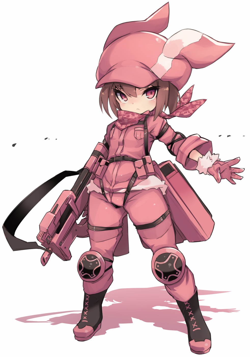 1girl animal_ears animal_hat bangs black_footwear blush boots brown_hair bullpup bunny_ears bunny_hat closed_mouth colored_shadow commentary_request fake_animal_ears full_body fur-trimmed_gloves fur_trim gloves gun hair_between_eyes hat highres holding holding_gun holding_weapon jacket karukan_(monjya) llenn_(sao) long_sleeves looking_at_viewer p-chan_(p-90) p90 pants pink_bandana pink_gloves pink_headwear pink_jacket pink_pants red_eyes revision shadow solo standing submachine_gun sword_art_online sword_art_online_alternative:_gun_gale_online weapon white_background