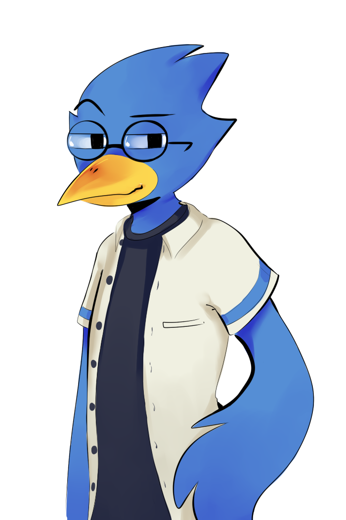 2019 alpha_channel anthro avian beak berdly blue_body blue_feathers clothed clothing deltarune eyebrows eyewear feathers glasses half-closed_eyes handshake_(artist) looking_at_viewer male raised_eyebrow shirt simple_background solo topwear transparent_background undershirt video_games wings