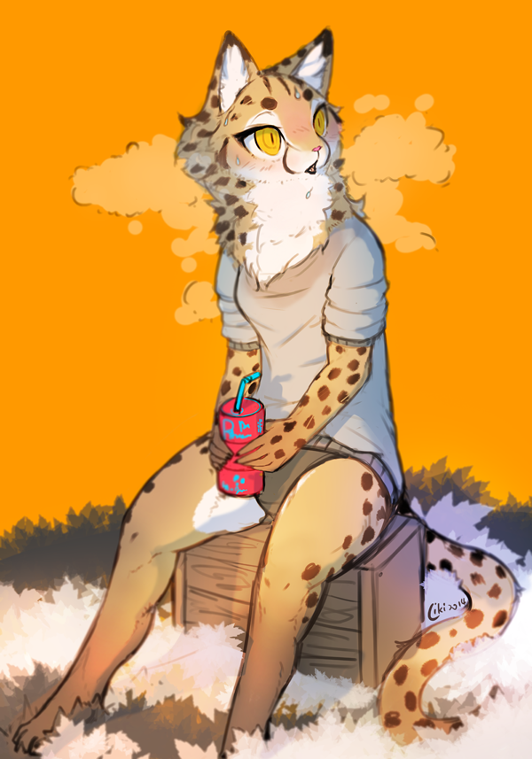 anthro beverage biped black_spots cheetah clothed clothing felid feline female food fur holding_beverage holding_object liki mammal sitting solo spots sweater topwear white_body white_fur yellow_body yellow_eyes yellow_fur