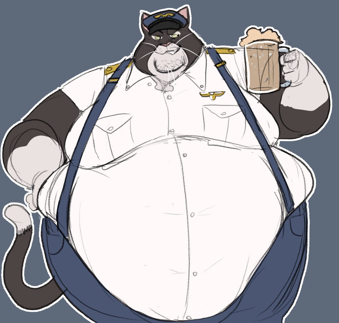 alcohol anthro beer belly belly_overhang beverage big_belly black_body black_fur captainjusticevirtsuoso clothed clothing domestic_cat double_chin felid feline felis fur grin hand_on_hip hat headgear headwear holding_beverage holding_object love_handles male mammal moobs obese obese_male overweight overweight_male smile solo suspenders white_body white_fur wide_hips