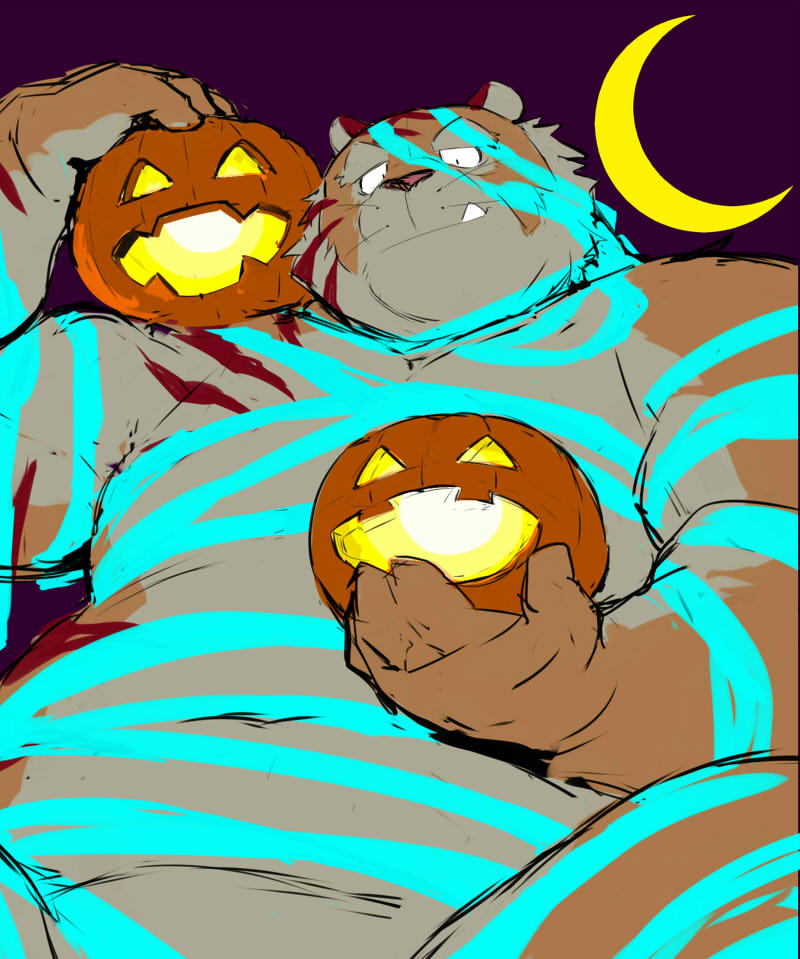 2019 anthro belly cute_fangs felid food fruit halloween holidays humanoid_hands jack-o'-lantern male mammal moon night overweight overweight_male pantherine plant pumpkin sessa tiger