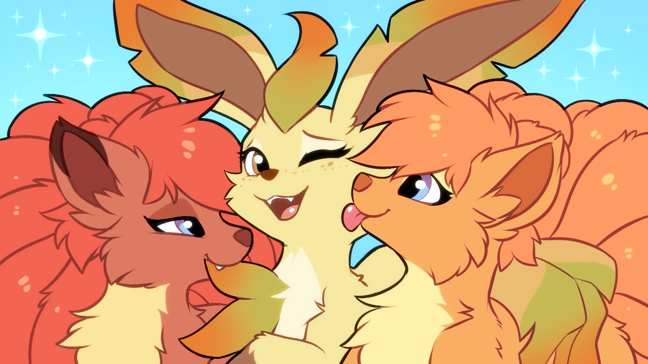 2019 9tales_comic bedroom_eyes blue_background blue_eyes brown_body brown_eyes brown_fur cheek_tuft chest_tuft countershade_torso countershading digital_media_(artwork) eeveelution erin_(9tales) face_lick face_tuft fallie_(9tales) fangs female feral fur green_body green_fur group half-closed_eyes happy hioshiru leaf leaf_ears leaf_hair leafeon licking looking_at_viewer nibbling nintendo one_eye_closed open_mouth pex_(9tales) plant plant_hair pok&eacute;mon pok&eacute;mon_(species) pseudo_hair red_body red_fur seductive simple_background smile tongue tongue_out tuft video_games vulpix wink