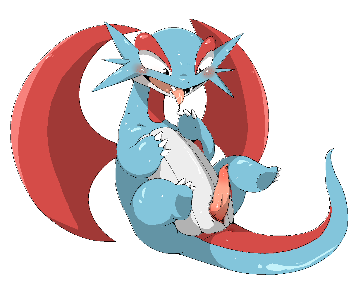 animal_genitalia blush bodily_fluids doneru dragon erection fangs feral genital_slit male nintendo open_mouth penis pok&eacute;mon pok&eacute;mon_(species) salamence saliva simple_background slit solo sweat tapering_penis tongue video_games white_background