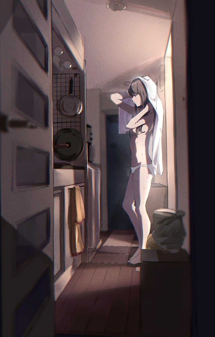 1girl arms_up bare_legs barefoot blue_eyes blurry blush box breasts brown_hair cardboard_box closed_mouth commentary depth_of_field drying drying_hair frying_pan full_body highres indoors kitchen light long_hair medium_breasts monyu_(monyupop) original panties sideboob solo standing topless towel underwear underwear_only white_panties wooden_floor