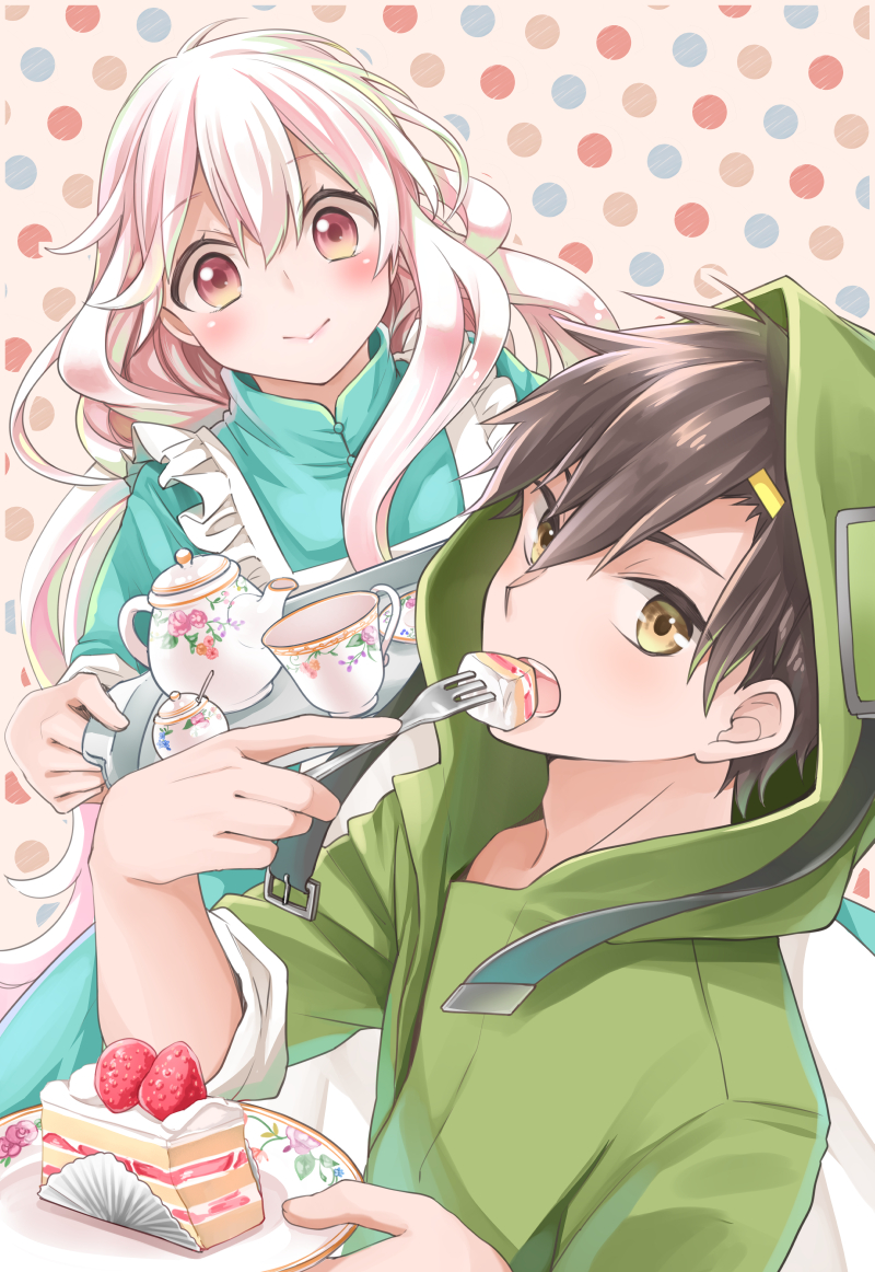 1boy 1girl :&gt; apron black_hair blue_dress brown_eyes cake cloak cowboy_shot creamer_(vessel) cup dress eating eyebrows_visible_through_hair food fork fruit hair_between_eyes holding holding_fork holding_plate kagerou_project kozakura_marry long_hair looking_at_viewer momomochi open_mouth pink_background pink_eyes pink_hair plate polka_dot polka_dot_background saucer seto_kousuke slice_of_cake smile strawberry teacup teapot tray upper_body very_long_hair