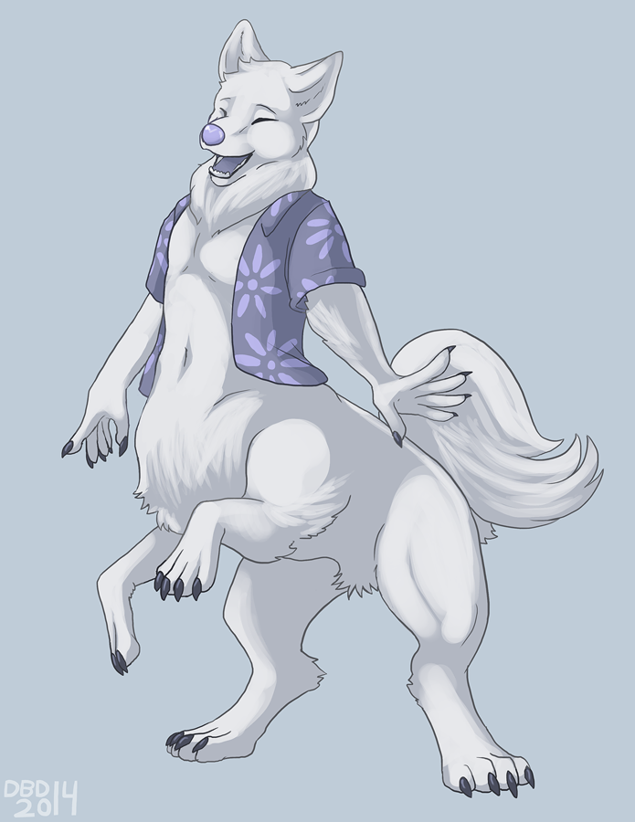 2014 bottomless canid canid_taur canine canine_taur canis chest_tuft claws clothed clothing crotch_tuft dbd dog_taur domestic_dog eyebrows eyes_closed featureless_crotch fur happy mammal mammal_taur on_hind_legs open_mouth open_shirt shirt simple_background solo taur teeth topwear tuft white_body white_fur