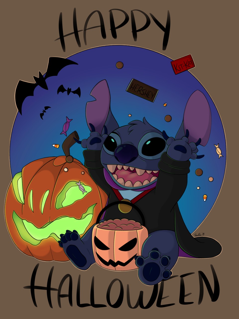 2019 alien ambient_bat black_eyes blue_body blue_claws blue_fur blue_nose blue_pawpads brown_background bucket candy candy_corn chiropteran claws clothing cosplay costume disney english_text experiment_(lilo_and_stitch) food fur glowing halloween head_tuft hershey's hi_res holiday_message holidays jack-o'-lantern kit_kat_(candy) lilo_and_stitch mammal notched_ear open_mouth open_smile pawpads raised_arm signature simple_background sitting smile solo_focus stitch_(lilo_and_stitch) text trshpnda tuft vampire_costume