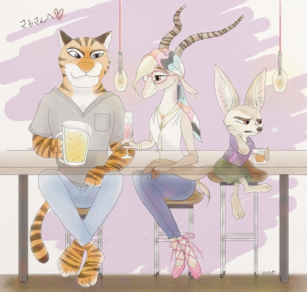 ambiguous_gender antelope barefoot blonde_hair bottomwear bovid brown_eyes canid canine clothed clothing crossed_legs disney eyewear felid fennec finnick fox fully_clothed fur gazelle gazelle_(zootopia) glasses group hair hb_runo horn inner_ear_fluff inside light mammal orange_body orange_fur pantherine pants piercing purple_eyes shirt sitting stripes tan_body tan_fur tiger tiger_dancer_(zootopia) topwear tuft zootopia