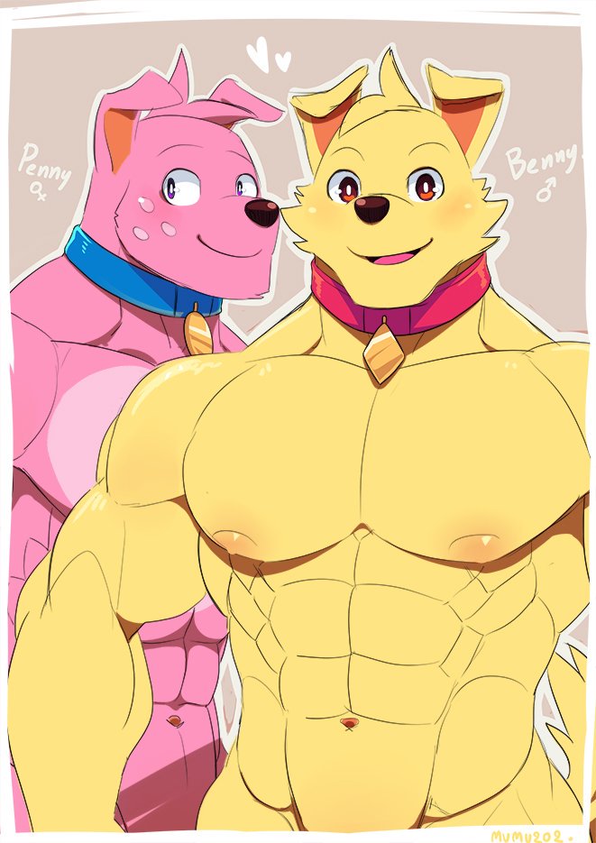 &lt;3 2019 anthro benny_(mao_mao:_heroes_of_pure_heart) brother brother_and_sister brothers canid canine canis collar crossgender domestic_dog duo fur gender_symbol male mammal mao_mao:_heroes_of_pure_heart mumu202 muscular navel nipples pecs penny_(mao_mao:_heroes_of_pure_heart) pink_body pink_fur sibling simple_background sister symbol text yellow_body yellow_fur ♀ ♂
