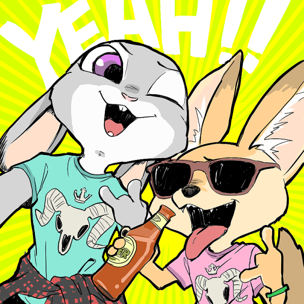 ! abstract_background ambiguous_gender anthro bottle buckteeth canid canine clothed clothing devil_horns_(gesture) disney duo ears_down english_text eyewear fangs fennec finnick fox fur gesture grey_body grey_fur holding_bottle holding_object inner_ear_fluff judy_hopps kinowank59 lagomorph leporid mammal one_eye_closed open_mouth open_smile pivoted_ears purple_eyes rabbit shirt smile sunglasses tan_body tan_fur teeth text tongue tongue_out topwear tuft zootopia