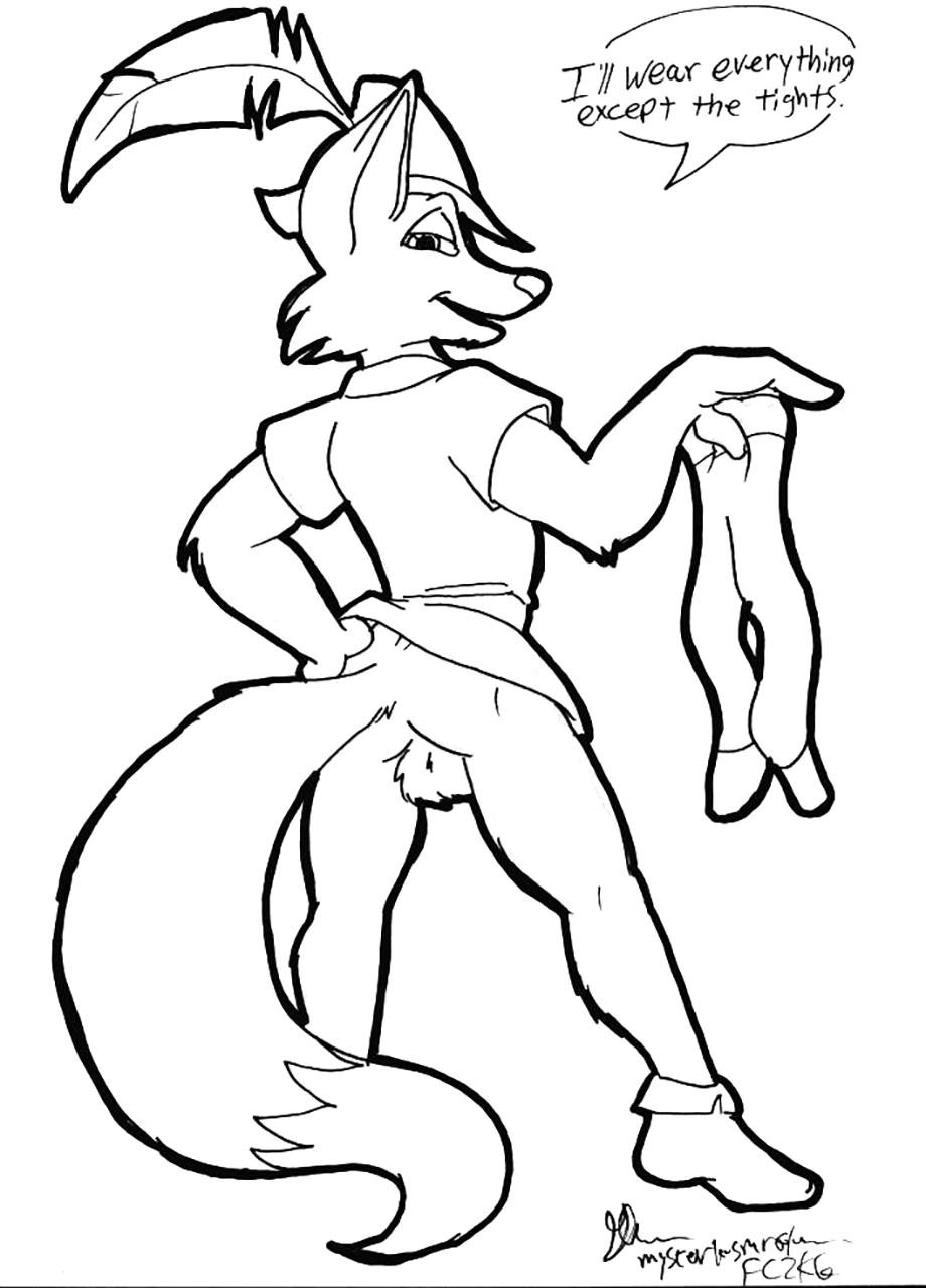 anthro balls bottomless butt canid canine clothed clothing english_text feathers fox glenn hi_res legwear male mammal monochrome red_fox robin_hood solo text tights