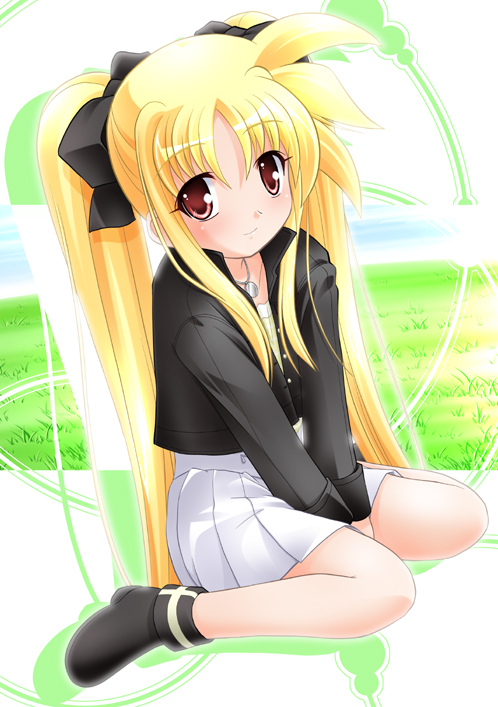 blonde_hair boots fate_testarossa kneeling long_hair lyrical_nanoha mahou_shoujo_lyrical_nanoha mahou_shoujo_lyrical_nanoha_a's red_eyes solo sumeragi_kou twintails